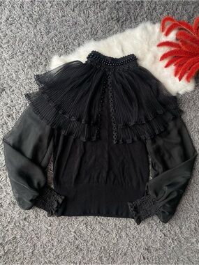 Beulah Style Black Mixed Media Statement Ruffle Blouse Beaded Collar